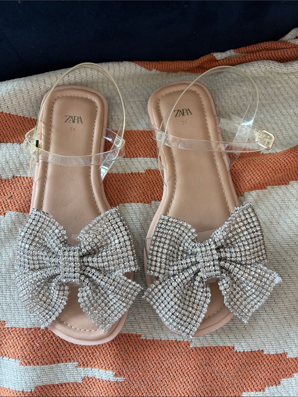 Zara Nude Sandals with Clear Straps and Sparkling Crystal Bows